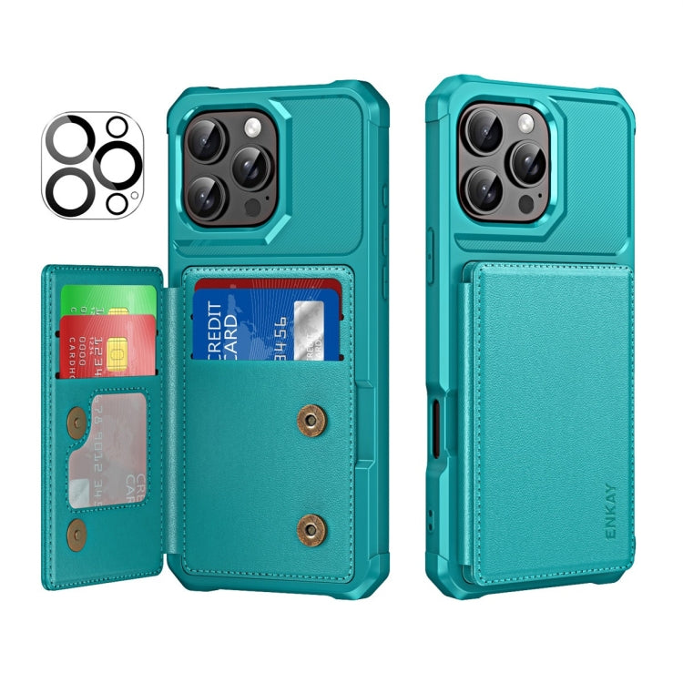 For iPhone 15 Pro ENKAY Hat-Prince Card Slot Wallet TPU Back Leather Phone Case with Lens Film(Cyan) - iPhone 15 Pro Cases by ENKAY | Online Shopping UK | buy2fix