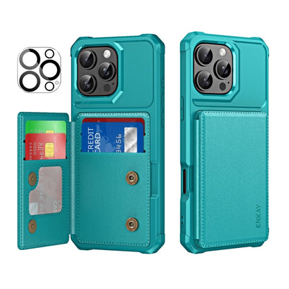 For iPhone 15 Pro ENKAY Hat-Prince Card Slot Wallet TPU Back Leather Phone Case with Lens Film(Cyan) - iPhone 15 Pro Cases by ENKAY | Online Shopping UK | buy2fix