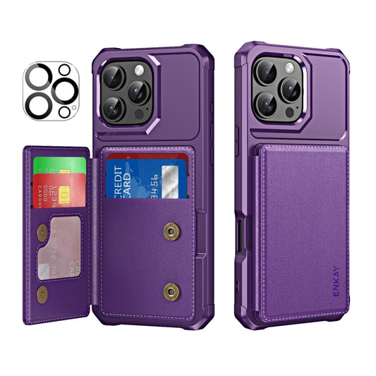 For iPhone 15 Pro ENKAY Hat-Prince Card Slot Wallet TPU Back Leather Phone Case with Lens Film(Purple) - iPhone 15 Pro Cases by ENKAY | Online Shopping UK | buy2fix