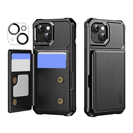 For iPhone 15 ENKAY Hat-Prince Card Slot Wallet TPU Back Leather Phone Case with Lens Film(Black) - iPhone 15 Cases by ENKAY | Online Shopping UK | buy2fix