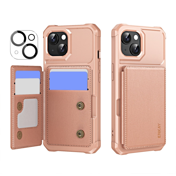 For iPhone 15 ENKAY Hat-Prince Card Slot Wallet TPU Back Leather Phone Case with Lens Film(Rose Gold) - iPhone 15 Cases by ENKAY | Online Shopping UK | buy2fix