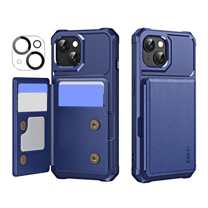 For iPhone 15 ENKAY Hat-Prince Card Slot Wallet TPU Back Leather Phone Case with Lens Film(Dark Blue) - iPhone 15 Cases by ENKAY | Online Shopping UK | buy2fix
