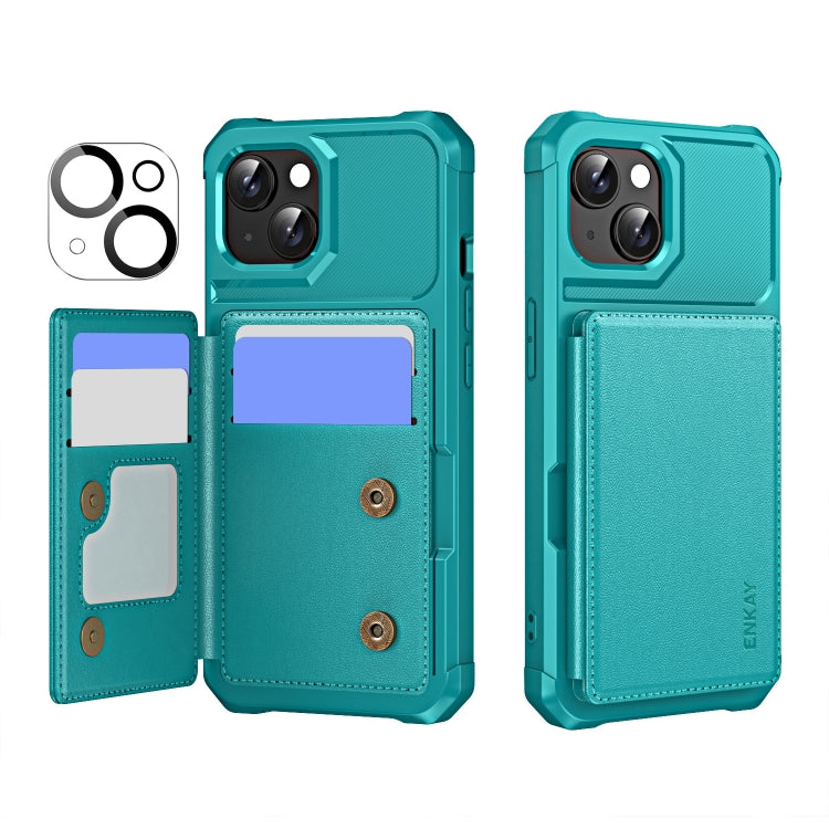For iPhone 15 ENKAY Hat-Prince Card Slot Wallet TPU Back Leather Phone Case with Lens Film(Cyan) - iPhone 15 Cases by ENKAY | Online Shopping UK | buy2fix