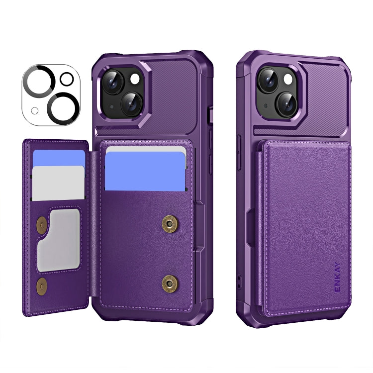 For iPhone 14 ENKAY Hat-Prince Card Slot Wallet TPU Back Leather Phone Case with Lens Film(Purple) - iPhone 14 Cases by ENKAY | Online Shopping UK | buy2fix