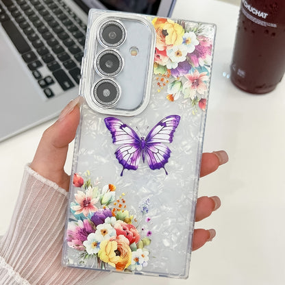 For Samsung Galaxy S25 5G Plating Texture Butterfly TPU Phone Case with Glitter Lens Film(Flowers Butterflies HU1) by buy2fix