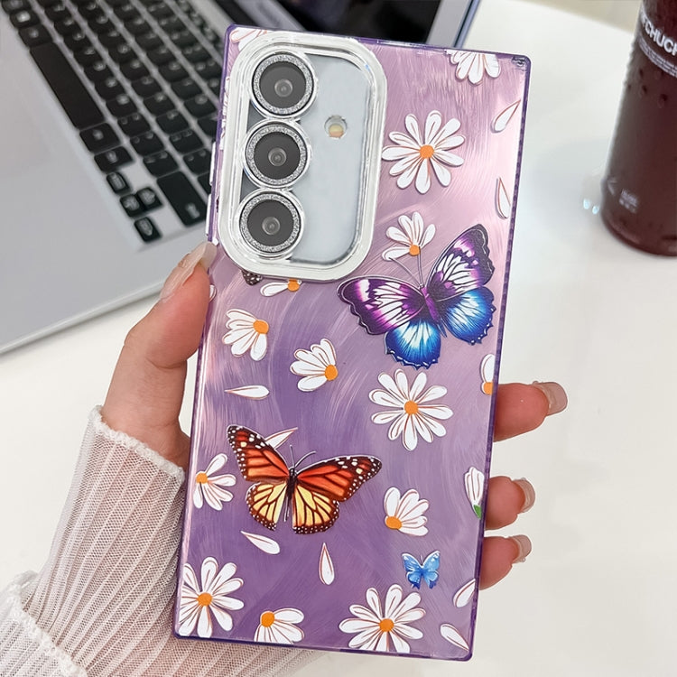 For Samsung Galaxy S25 5G Plating Texture Butterfly TPU Phone Case with Glitter Lens Film(Daisy Butterflies HU2) by buy2fix