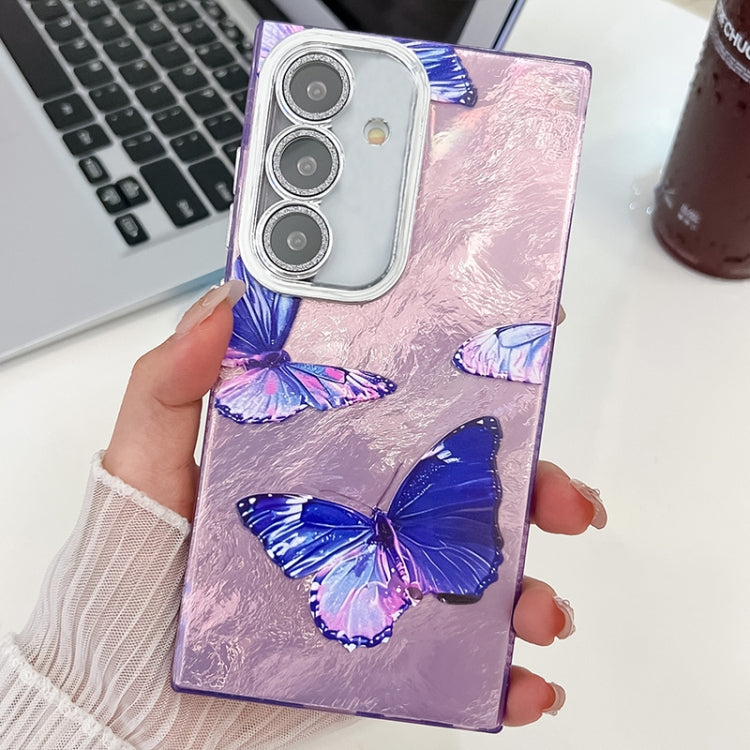 For Samsung Galaxy S25 5G Plating Texture Butterfly TPU Phone Case with Glitter Lens Film(Purple Butterflies HU4) by buy2fix