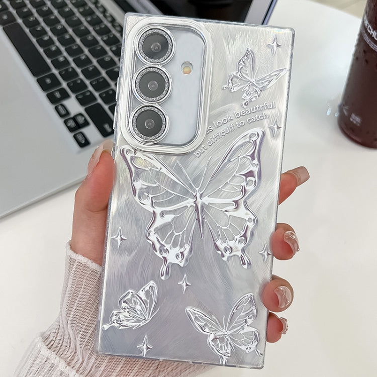 For Samsung Galaxy S25 5G Plating Texture Butterfly TPU Phone Case with Glitter Lens Film(Silver Butterflies HU6) by buy2fix