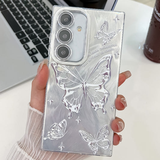 For Samsung Galaxy S25 5G Plating Texture Butterfly TPU Phone Case with Glitter Lens Film(Silver Butterflies HU6) by buy2fix