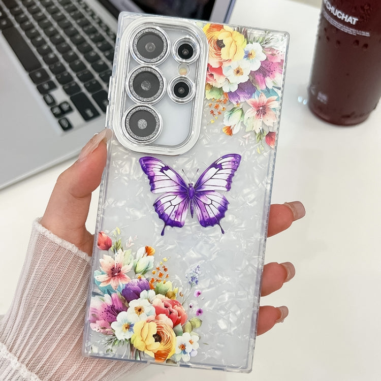 For Samsung Galaxy S25 Ultra 5G Plating Texture Butterfly TPU Phone Case with Glitter Lens Film(Flowers Butterflies HU1) by buy2fix