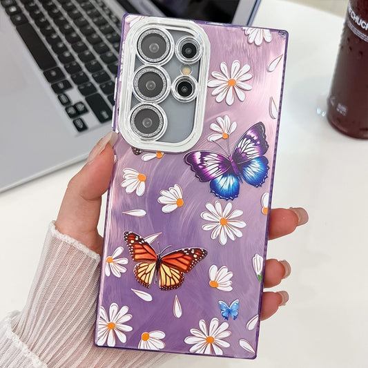 For Samsung Galaxy S25 Ultra 5G Plating Texture Butterfly TPU Phone Case with Glitter Lens Film(Daisy Butterflies HU2) by buy2fix