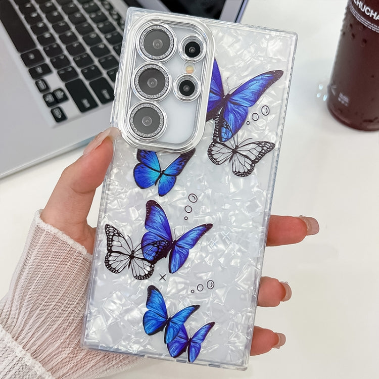 For Samsung Galaxy S25 Ultra 5G Plating Texture Butterfly TPU Phone Case with Glitter Lens Film(Blue Butterflies HU3) by buy2fix