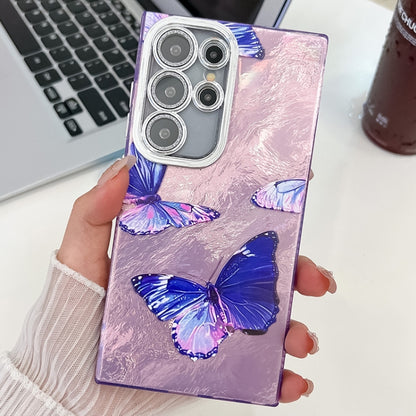 For Samsung Galaxy S25 Ultra 5G Plating Texture Butterfly TPU Phone Case with Glitter Lens Film(Purple Butterflies HU4) by buy2fix