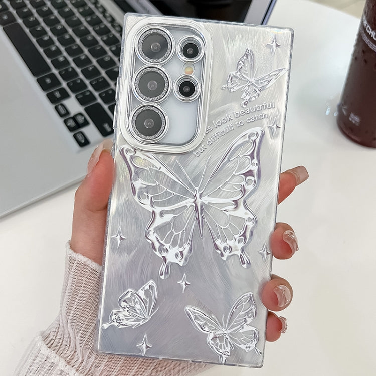 For Samsung Galaxy S25 Ultra 5G Plating Texture Butterfly TPU Phone Case with Glitter Lens Film(Silver Butterflies HU6) by buy2fix