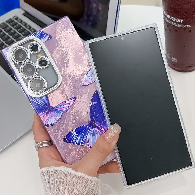 For Samsung Galaxy S25 5G Plating Texture Butterfly TPU Phone Case with Glitter Lens Film(Purple Butterflies HU4) by buy2fix