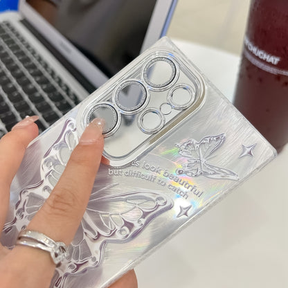 For Samsung Galaxy S25 5G Plating Texture Butterfly TPU Phone Case with Glitter Lens Film(Silver Butterflies HU6) by buy2fix