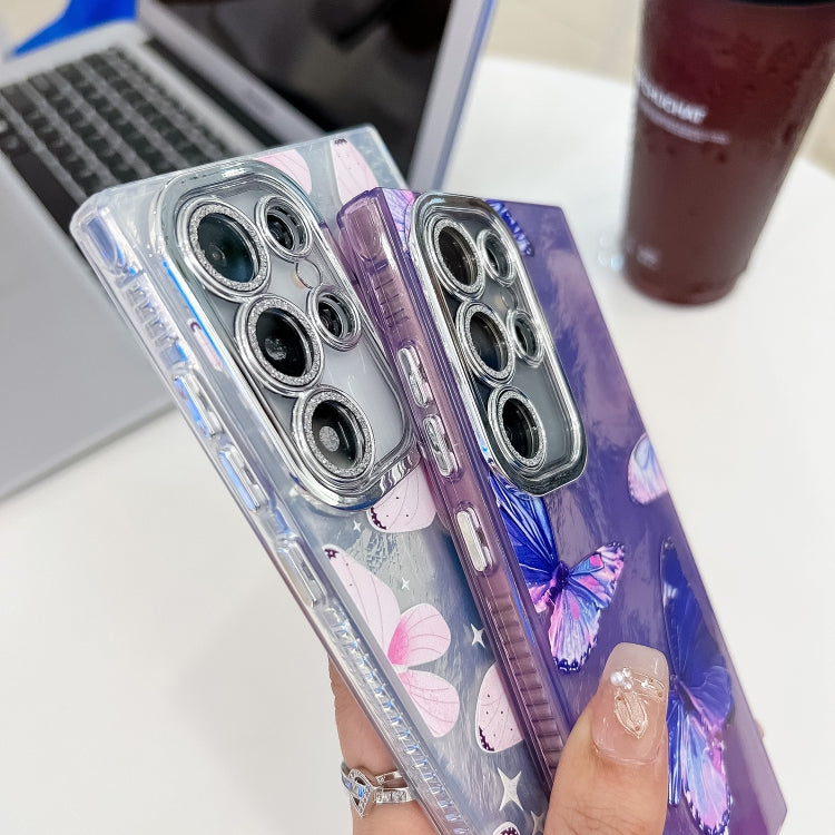 For Samsung Galaxy S25 5G Plating Texture Butterfly TPU Phone Case with Glitter Lens Film(Flowers Butterflies HU1) by buy2fix