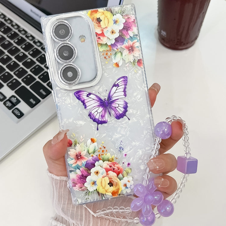 For Samsung Galaxy S25 5G Plating Texture Butterfly Wristband TPU Phone Case with Glitter Lens Film(Flowers Butterflies HU1) by buy2fix