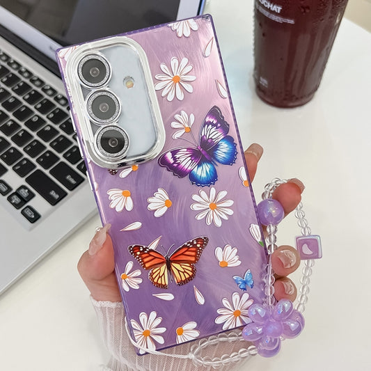 For Samsung Galaxy S25 5G Plating Texture Butterfly Wristband TPU Phone Case with Glitter Lens Film(Daisy Butterflies HU2) by buy2fix