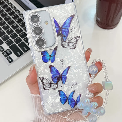 For Samsung Galaxy S25 5G Plating Texture Butterfly Wristband TPU Phone Case with Glitter Lens Film(Blue Butterflies HU3) by buy2fix