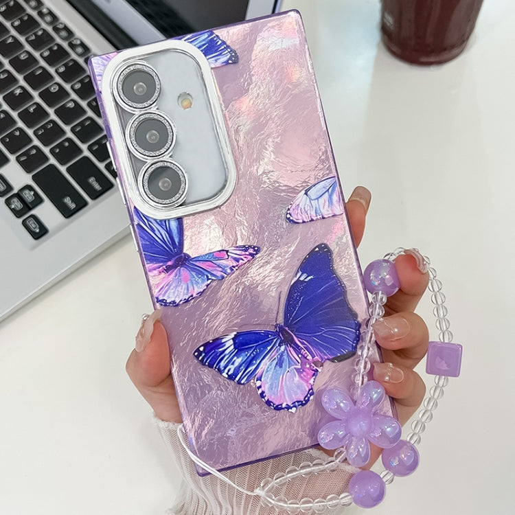 For Samsung Galaxy S25 5G Plating Texture Butterfly Wristband TPU Phone Case with Glitter Lens Film(Purple Butterflies HU4) by buy2fix