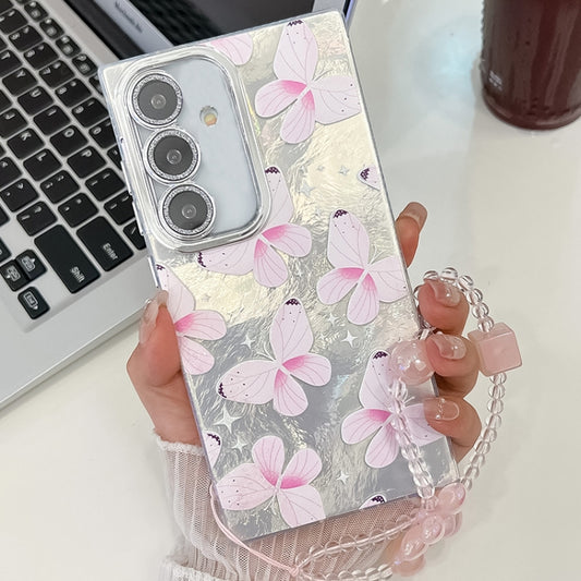 For Samsung Galaxy S25+ 5G Plating Texture Butterfly Wristband TPU Phone Case with Glitter Lens Film(Pink Butterflies HU5) - Galaxy S25+ 5G Cases by buy2fix | Online Shopping UK | buy2fix
