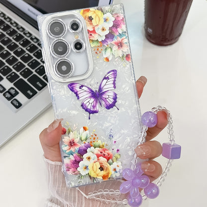 For Samsung Galaxy S25 Ultra 5G Plating Texture Butterfly Wristband TPU Phone Case with Glitter Lens Film(Flowers Butterflies HU1) by buy2fix
