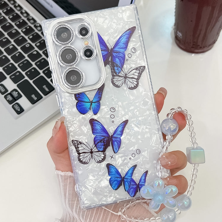 For Samsung Galaxy S25 Ultra 5G Plating Texture Butterfly Wristband TPU Phone Case with Glitter Lens Film(Blue Butterflies HU3) by buy2fix