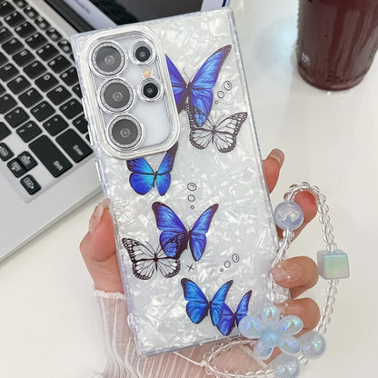 For Samsung Galaxy S25 Ultra 5G Plating Texture Butterfly Wristband TPU Phone Case with Glitter Lens Film(Blue Butterflies HU3) by buy2fix