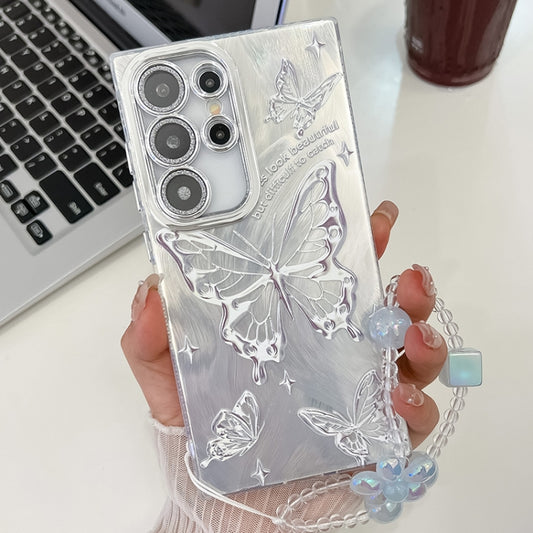 For Samsung Galaxy S25 Ultra 5G Plating Texture Butterfly Wristband TPU Phone Case with Glitter Lens Film(Silver Butterflies HU6) by buy2fix
