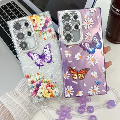 For Samsung Galaxy S25 5G Plating Texture Butterfly Wristband TPU Phone Case with Glitter Lens Film(Flowers Butterflies HU1) by buy2fix