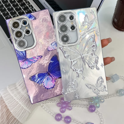 For Samsung Galaxy S25+ 5G Plating Texture Butterfly Wristband TPU Phone Case with Glitter Lens Film(Purple Butterflies HU4) - Galaxy S25+ 5G Cases by buy2fix | Online Shopping UK | buy2fix