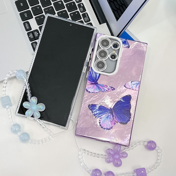 For Samsung Galaxy S25 5G Plating Texture Butterfly Wristband TPU Phone Case with Glitter Lens Film(Flowers Butterflies HU1) by buy2fix