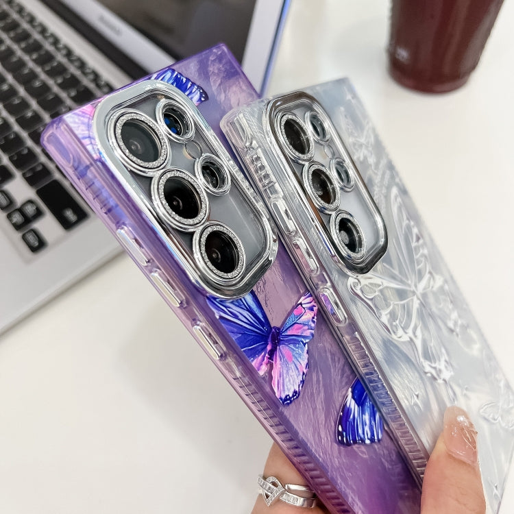 For Samsung Galaxy S25 5G Plating Texture Butterfly Wristband TPU Phone Case with Glitter Lens Film(Blue Butterflies HU3) by buy2fix