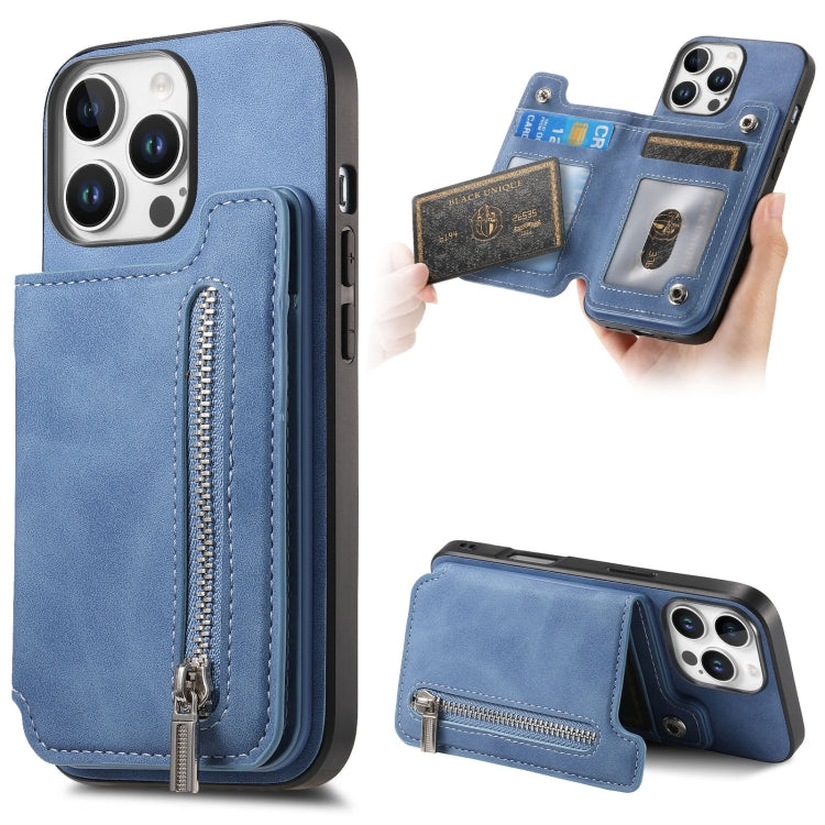 For iPhone 16 Pro Retro MagSafe Zipper Wallet Card Bag Back Phone Case(Blue) - iPhone 16 Pro Cases by buy2fix | Online Shopping UK | buy2fix