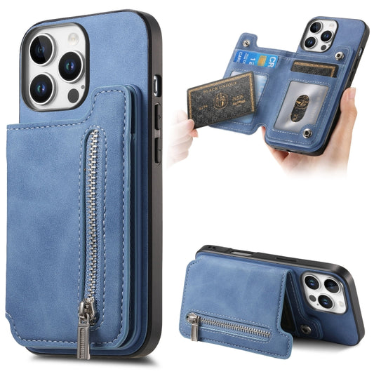 For iPhone 16 Pro Retro MagSafe Zipper Wallet Card Bag Back Phone Case(Blue) - iPhone 16 Pro Cases by buy2fix | Online Shopping UK | buy2fix