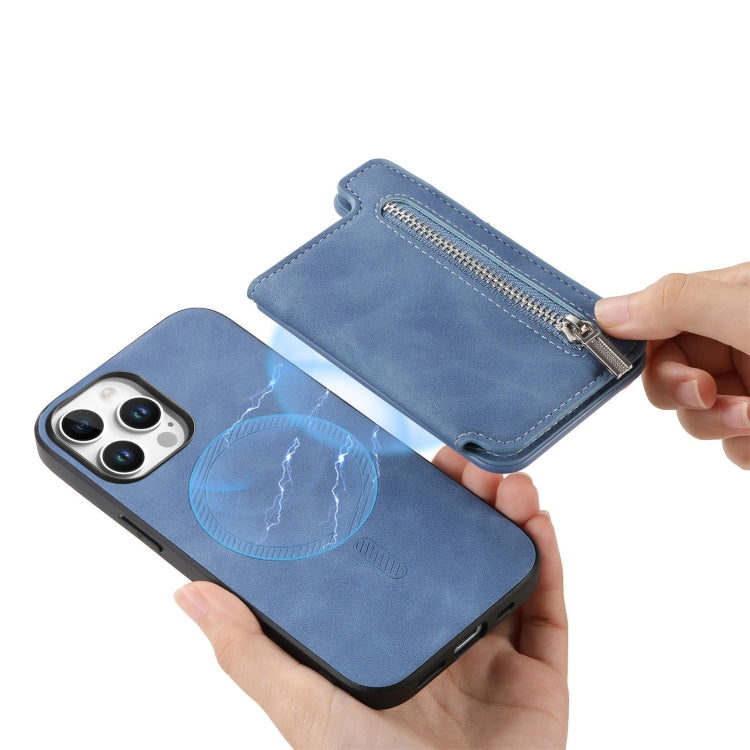 For iPhone 16 Pro Retro MagSafe Zipper Wallet Card Bag Back Phone Case(Blue) - iPhone 16 Pro Cases by buy2fix | Online Shopping UK | buy2fix