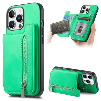 For iPhone 16 Pro Retro MagSafe Zipper Wallet Card Bag Back Phone Case(Green) - iPhone 16 Pro Cases by buy2fix | Online Shopping UK | buy2fix