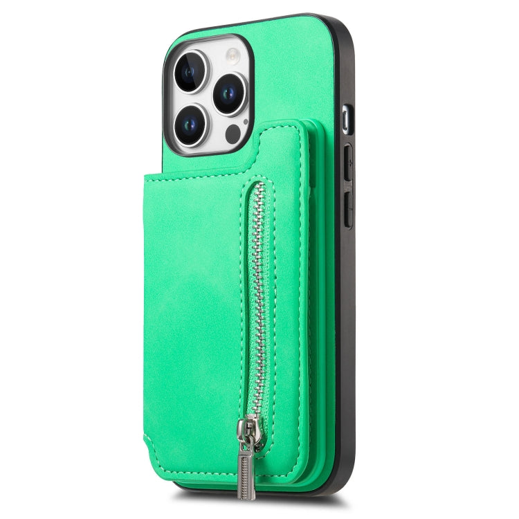 For iPhone 16 Pro Retro MagSafe Zipper Wallet Card Bag Back Phone Case(Green) - iPhone 16 Pro Cases by buy2fix | Online Shopping UK | buy2fix