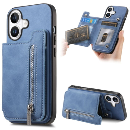 For iPhone 16 Plus Retro MagSafe Zipper Wallet Card Bag Back Phone Case(Blue) - iPhone 16 Plus Cases by buy2fix | Online Shopping UK | buy2fix