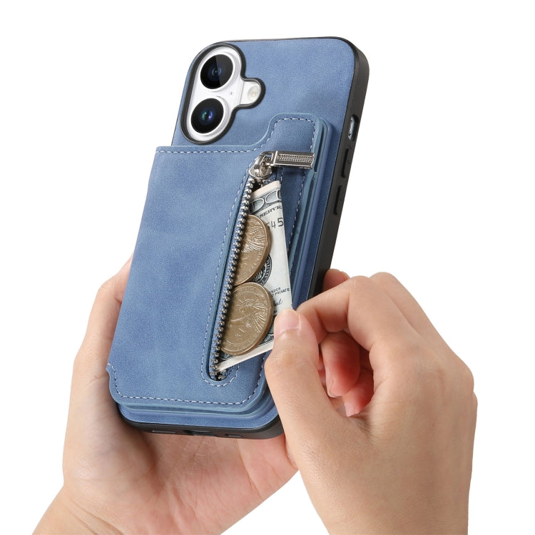 For iPhone 16 Plus Retro MagSafe Zipper Wallet Card Bag Back Phone Case(Blue) - iPhone 16 Plus Cases by buy2fix | Online Shopping UK | buy2fix