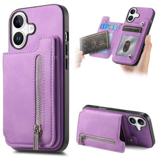 For iPhone 16 Plus Retro MagSafe Zipper Wallet Card Bag Back Phone Case(Purple) - iPhone 16 Plus Cases by buy2fix | Online Shopping UK | buy2fix