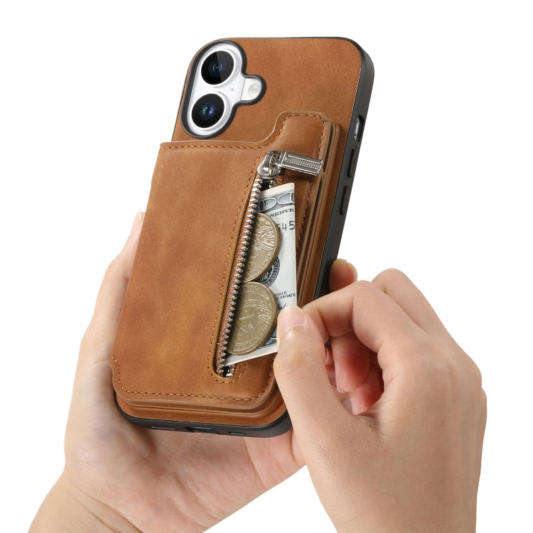 For iPhone 16 Plus Retro MagSafe Zipper Wallet Card Bag Back Phone Case(Brown) - iPhone 16 Plus Cases by buy2fix | Online Shopping UK | buy2fix
