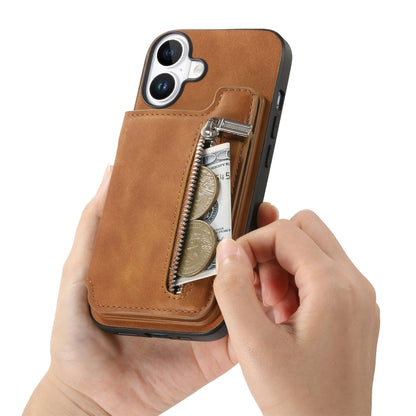 For iPhone 16 Plus Retro MagSafe Zipper Wallet Card Bag Back Phone Case(Brown) - iPhone 16 Plus Cases by buy2fix | Online Shopping UK | buy2fix