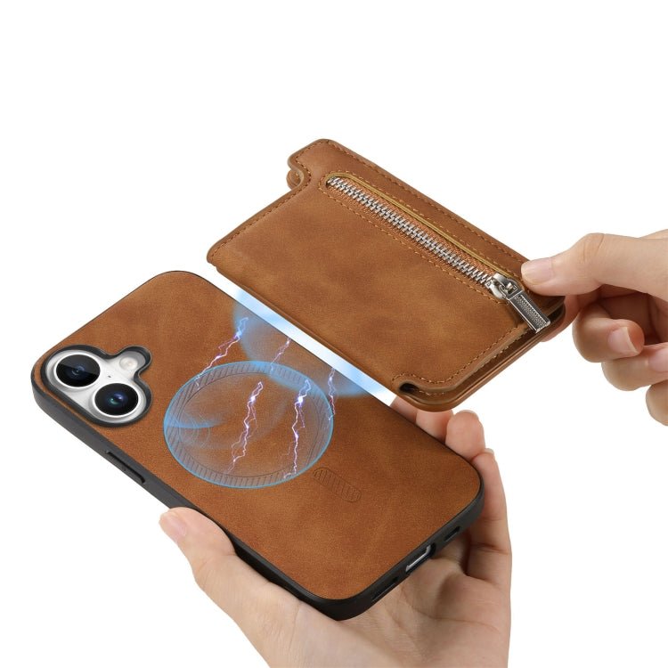 For iPhone 16 Plus Retro MagSafe Zipper Wallet Card Bag Back Phone Case(Brown) - iPhone 16 Plus Cases by buy2fix | Online Shopping UK | buy2fix