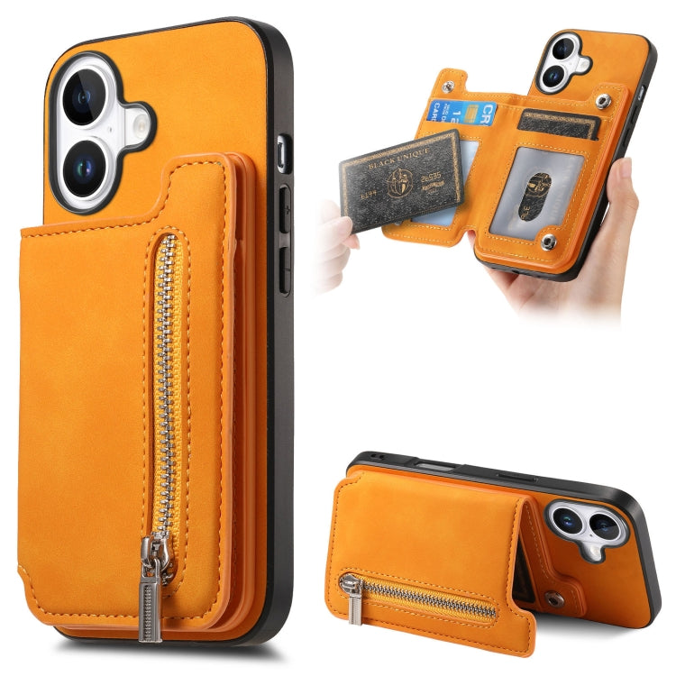 For iPhone 16 Retro MagSafe Zipper Wallet Card Bag Back Phone Case(Yellow) - iPhone 16 Cases by buy2fix | Online Shopping UK | buy2fix