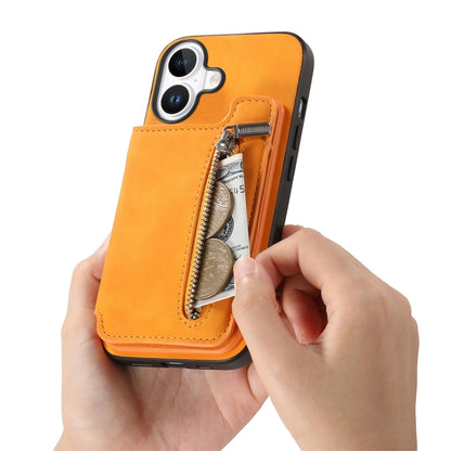For iPhone 16 Retro MagSafe Zipper Wallet Card Bag Back Phone Case(Yellow) - iPhone 16 Cases by buy2fix | Online Shopping UK | buy2fix
