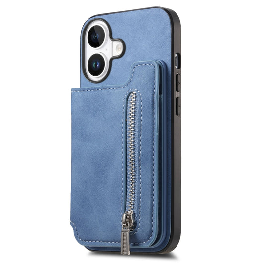 For iPhone 16 Retro MagSafe Zipper Wallet Card Bag Back Phone Case(Blue) - iPhone 16 Cases by buy2fix | Online Shopping UK | buy2fix