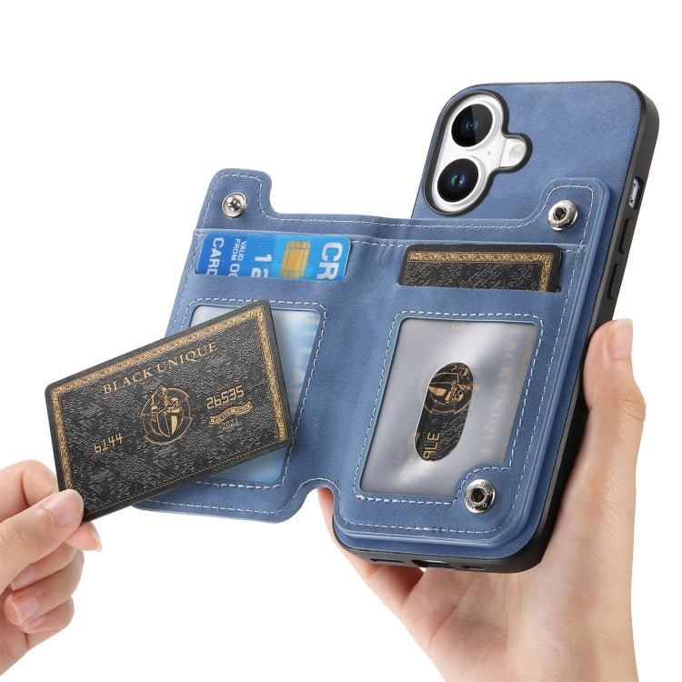For iPhone 16 Retro MagSafe Zipper Wallet Card Bag Back Phone Case(Blue) - iPhone 16 Cases by buy2fix | Online Shopping UK | buy2fix