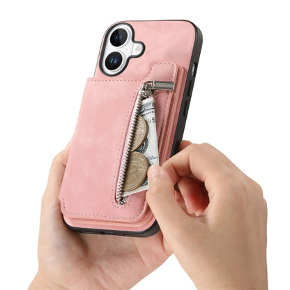 For iPhone 16 Retro MagSafe Zipper Wallet Card Bag Back Phone Case(Pink) - iPhone 16 Cases by buy2fix | Online Shopping UK | buy2fix